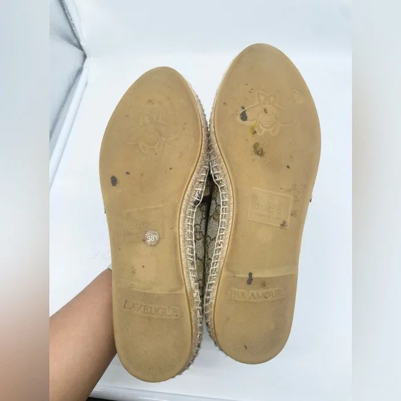 Gucci Beige Natural GG coated canvas black leather trim bee espadrille 38.5 - Picture 5 of 8